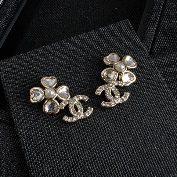 Auth CHANEL Gold Crystal Clover & CC Logo Stud Pierced Earrings - Picture 5 of 6